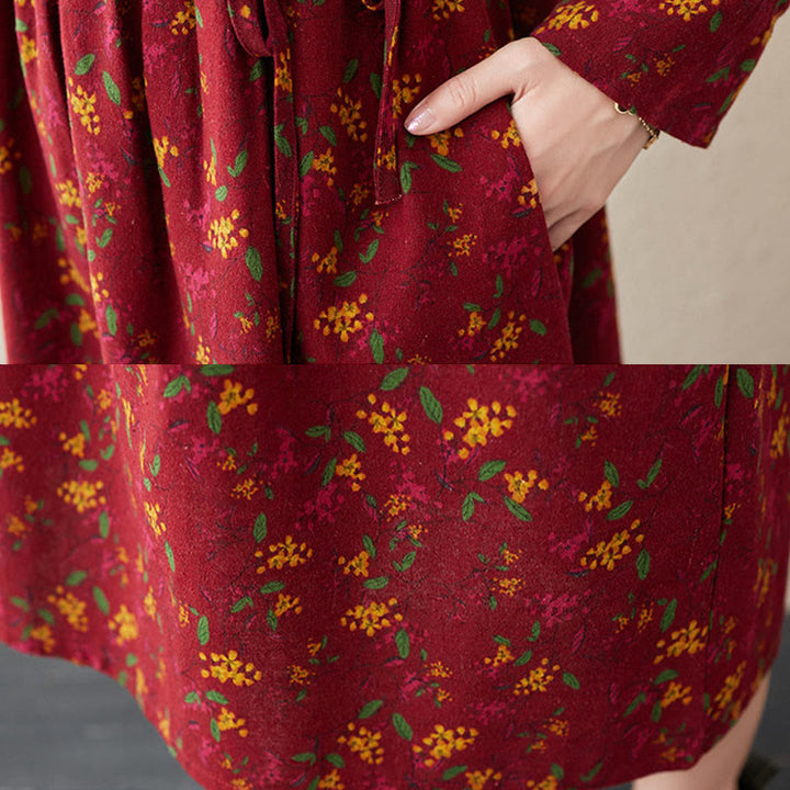 Vestido midi de lino y algodón con bolsillos, estampado floral étnico de Buddha Stones , manga larga y botones. - image 20