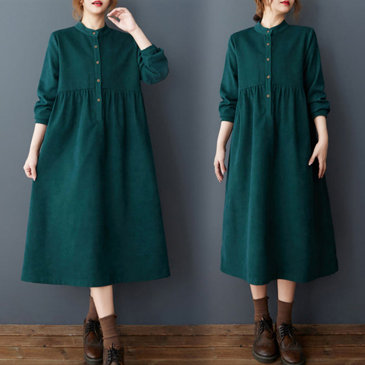 Vestido midi de lino y algodón térmico de manga larga con bolsillos y diseño de botones lisos de Buddha Stones - Verde azulado - US8-10，UK/AU12-14，EU40-42 (2XL) - image 5