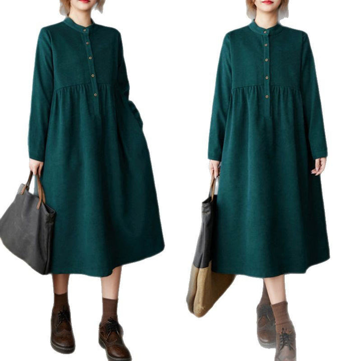 Vestido midi de lino y algodón térmico de manga larga con bolsillos y diseño de botones lisos de Buddha Stones - image 12