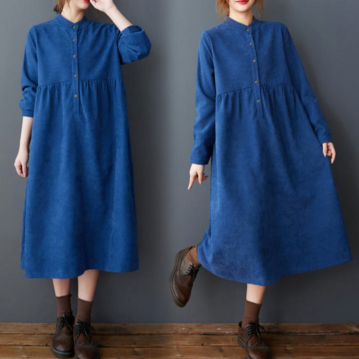 Vestido midi de lino y algodón térmico de manga larga con bolsillos y diseño de botones lisos de Buddha Stones - Azul medio - US8-10，UK/AU12-14，EU40-42 (2XL) - image 14