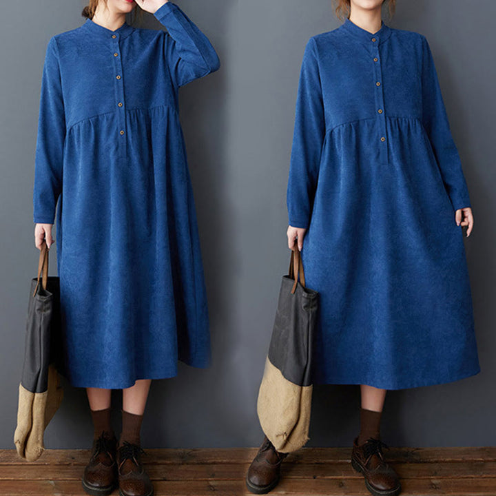 Vestido midi de lino y algodón térmico de manga larga con bolsillos y diseño de botones lisos de Buddha Stones - image 19
