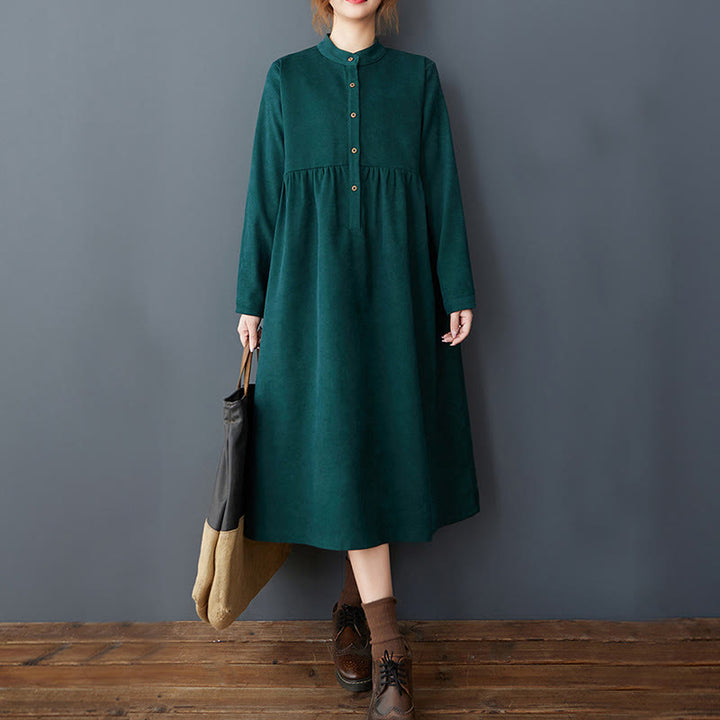 Vestido midi de lino y algodón térmico de manga larga con bolsillos y diseño de botones lisos de Buddha Stones - image 10