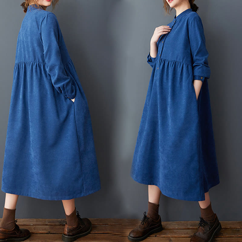 Vestido midi de lino y algodón térmico de manga larga con bolsillos y diseño de botones lisos de Buddha Stones - image 21