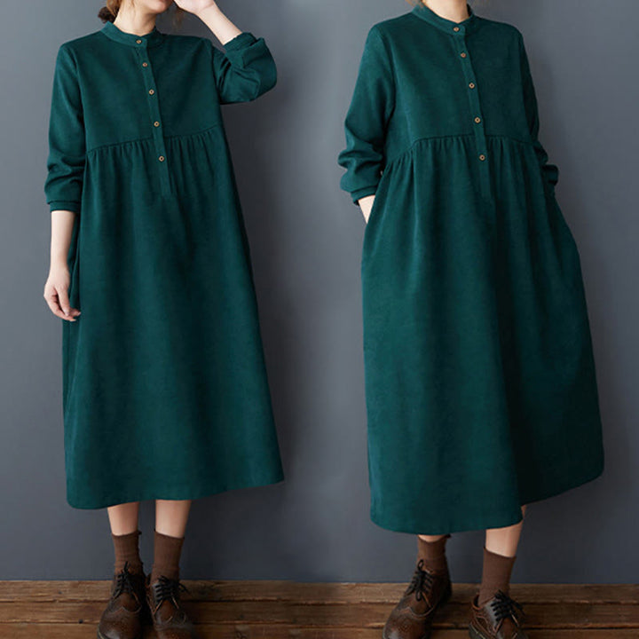 Vestido midi de lino y algodón térmico de manga larga con bolsillos y diseño de botones lisos de Buddha Stones - image 11
