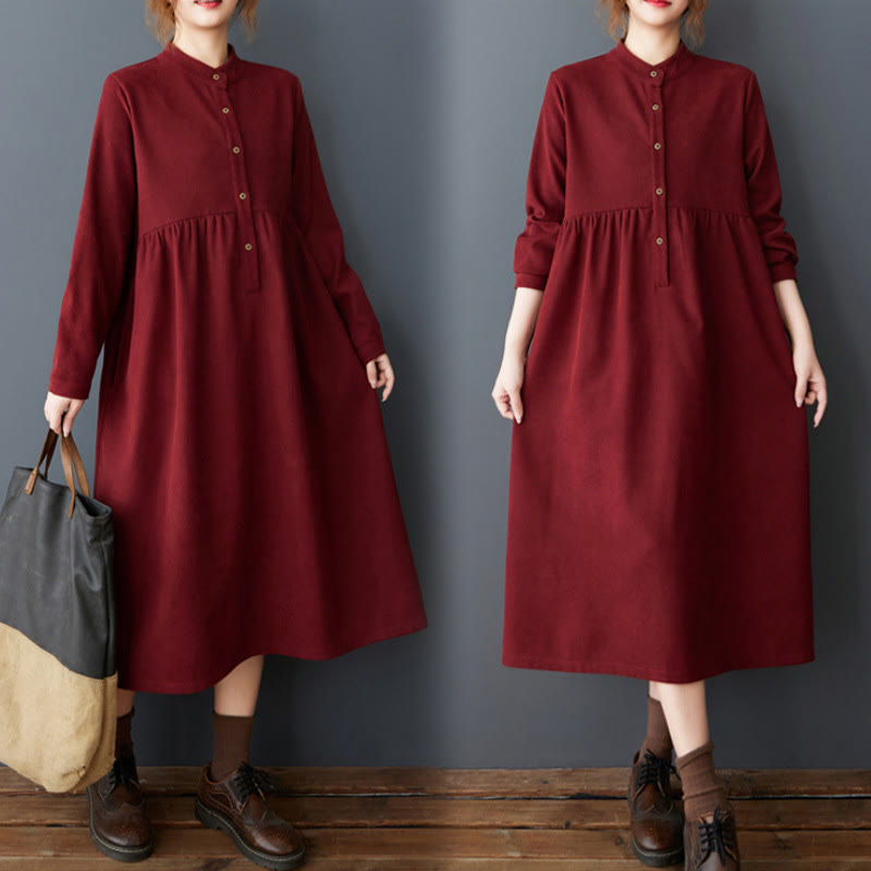 Vestido midi de lino y algodón térmico de manga larga con bolsillos y diseño de botones lisos de Buddha Stones - Ladrillo refractario - US8-10，UK/AU12-14，EU40-42 (2XL) - image 21