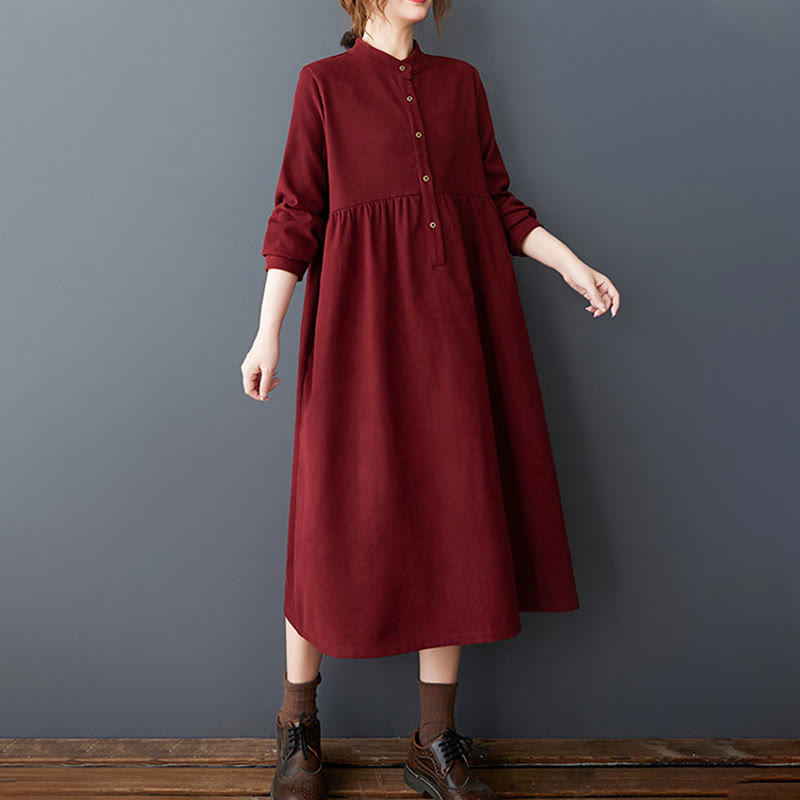Vestido midi de lino y algodón térmico de manga larga con bolsillos y diseño de botones lisos de Buddha Stones - image 25