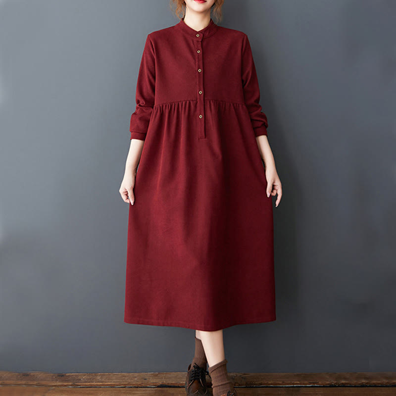 Vestido midi de lino y algodón térmico de manga larga con bolsillos y diseño de botones lisos de Buddha Stones - image 23