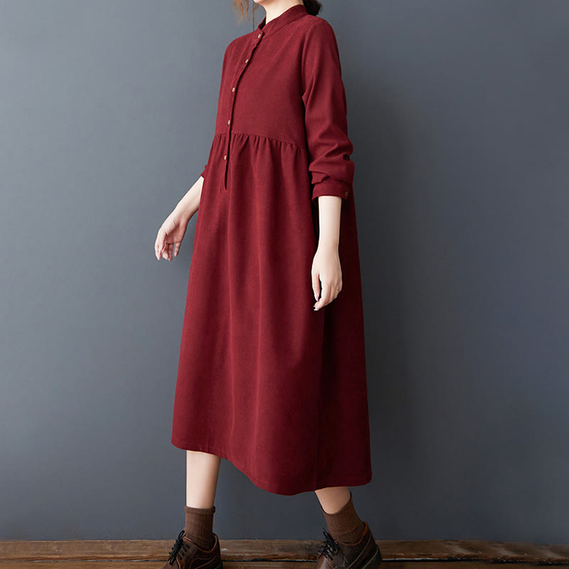 Vestido midi de lino y algodón térmico de manga larga con bolsillos y diseño de botones lisos de Buddha Stones - image 25