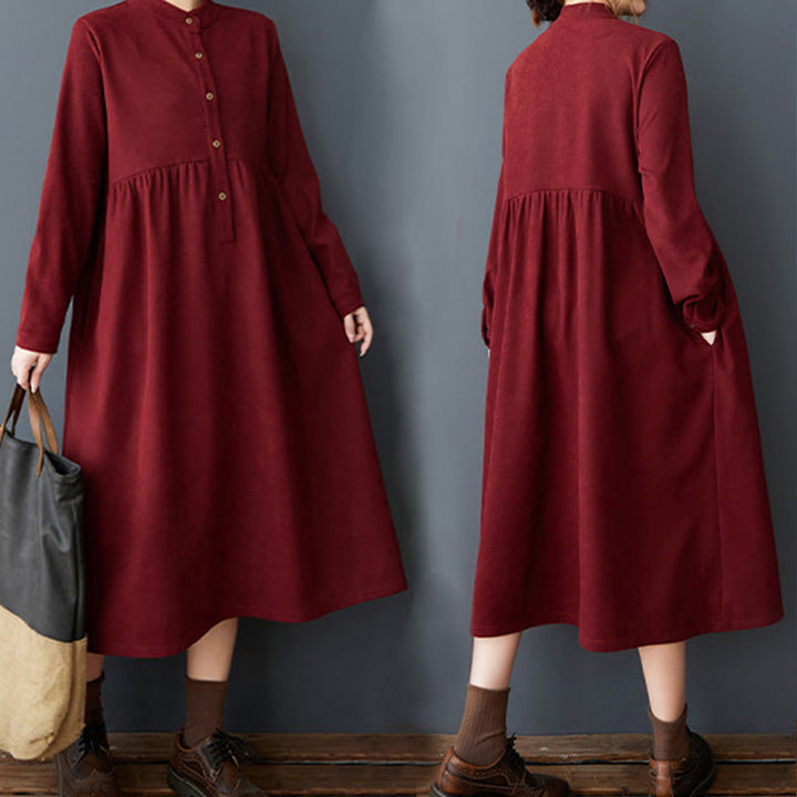 Vestido midi de lino y algodón térmico de manga larga con bolsillos y diseño de botones lisos de Buddha Stones - image 26