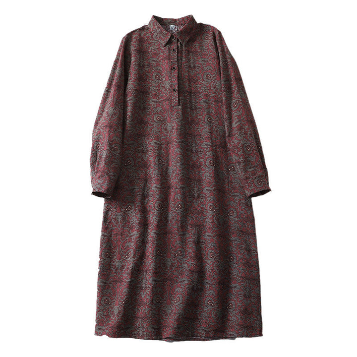 Vestido midi de lino y algodón con solapa, manga larga y bolsillos, estampado floral marrón de Buddha Stones - image 12