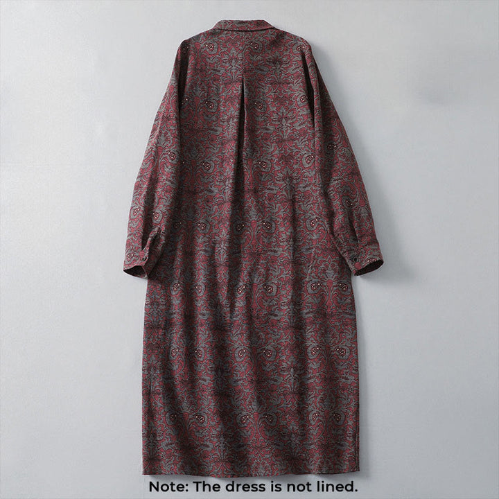 Vestido midi de lino y algodón con solapa, manga larga y bolsillos, estampado floral marrón de Buddha Stones - image 1