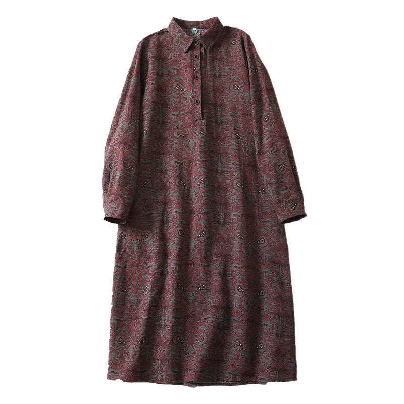 Vestido midi de lino y algodón con solapa, manga larga y bolsillos, estampado floral marrón de Buddha Stones - image 13