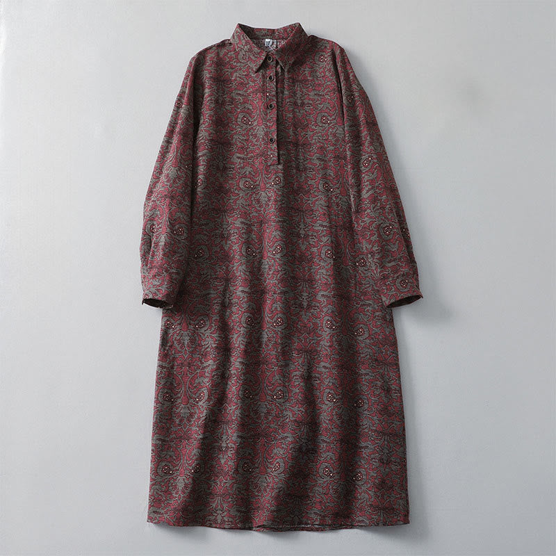 Vestido midi de lino y algodón con solapa, manga larga y bolsillos, estampado floral marrón de Buddha Stones - Marrón - US8-10，UK/AU12-14，EU40-42 (2XL) - image 0