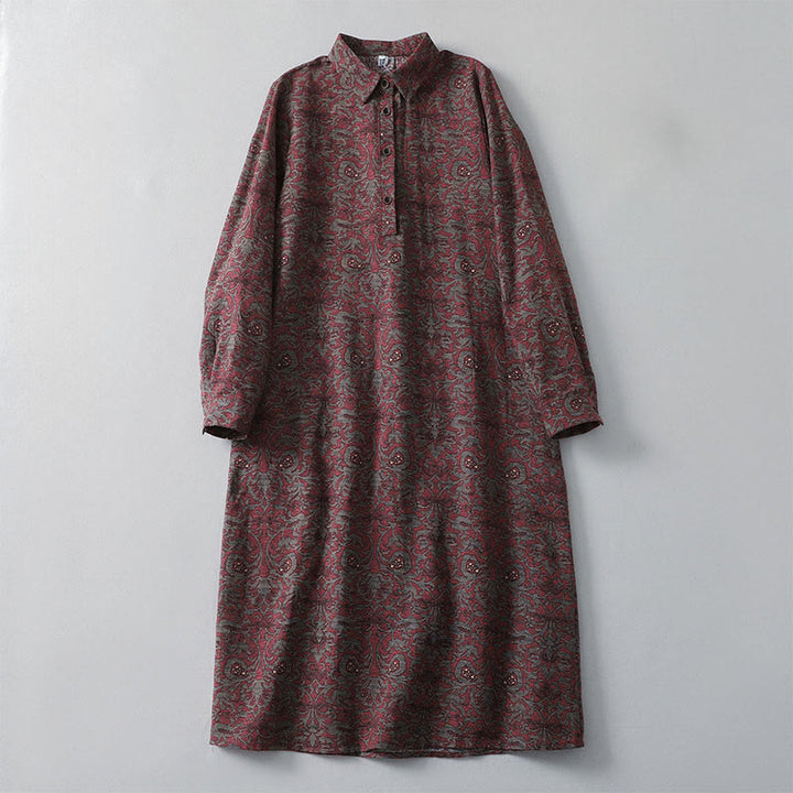 Vestido midi de lino y algodón con solapa, manga larga y bolsillos, estampado floral marrón de Buddha Stones - Marrón - US8-10，UK/AU12-14，EU40-42 (2XL) - image 0