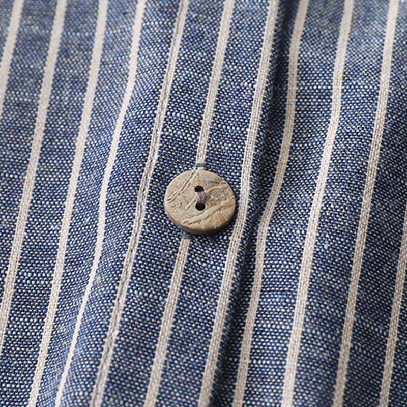 Vestido midi de lino y algodón con solapa, manga larga y bolsillos , de Buddha Stones, en azul acero claro y blanco a rayas - image 4