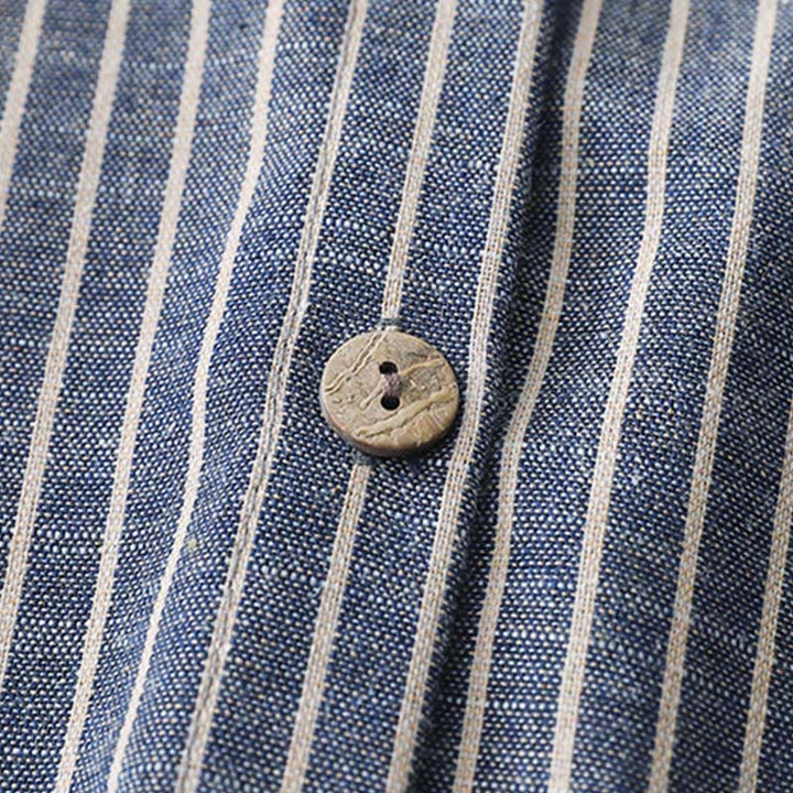 Vestido midi de lino y algodón con solapa, manga larga y bolsillos , de Buddha Stones, en azul acero claro y blanco a rayas - image 4
