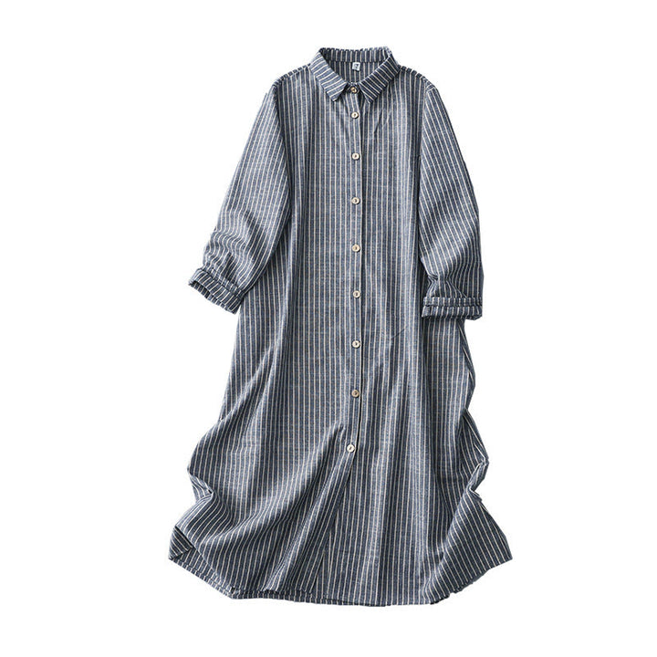 Vestido midi de lino y algodón con solapa, manga larga y bolsillos , de Buddha Stones, en azul acero claro y blanco a rayas - image 10