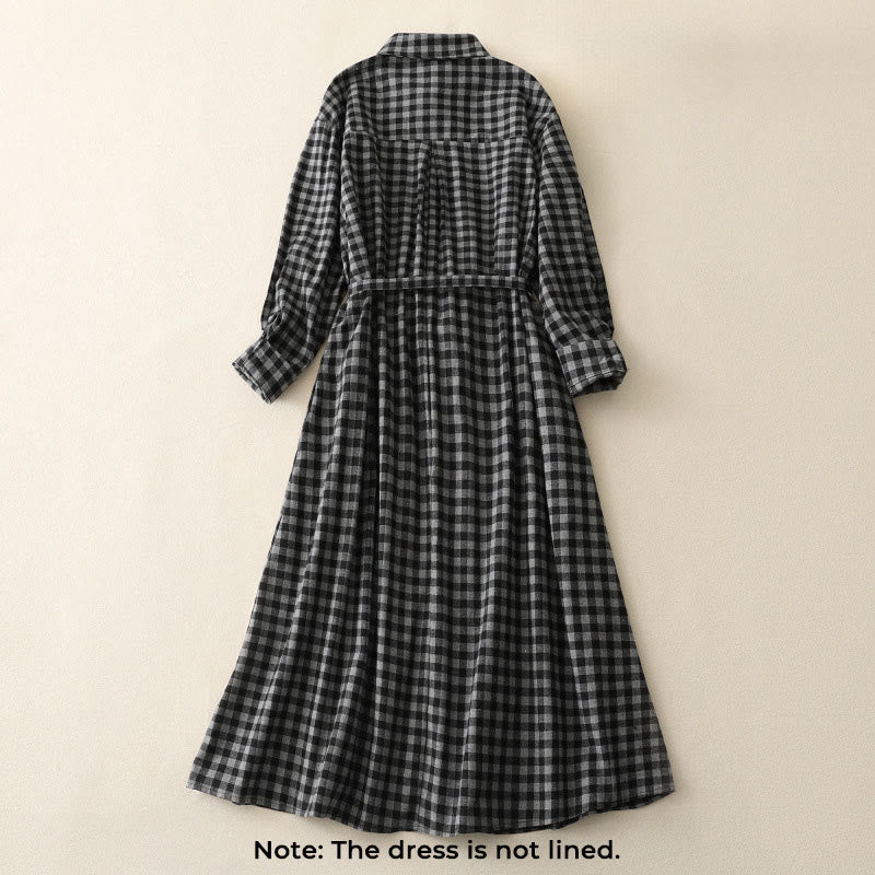 Vestido midi de lino y algodón con solapa a cuadros, manga larga y bolsillos, diseño Buddha Stones negro con cordones - image 1