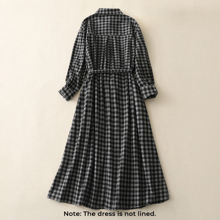 Vestido midi de lino y algodón con solapa a cuadros, manga larga y bolsillos, diseño Buddha Stones negro con cordones - image 1