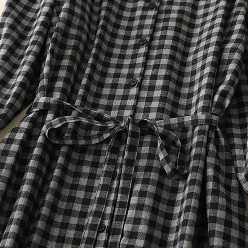 Vestido midi de lino y algodón con solapa a cuadros, manga larga y bolsillos, diseño Buddha Stones negro con cordones - image 4