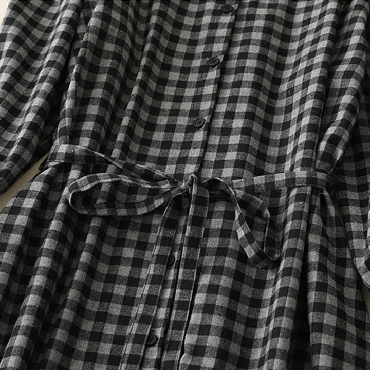 Vestido midi de lino y algodón con solapa a cuadros, manga larga y bolsillos, diseño Buddha Stones negro con cordones - image 4