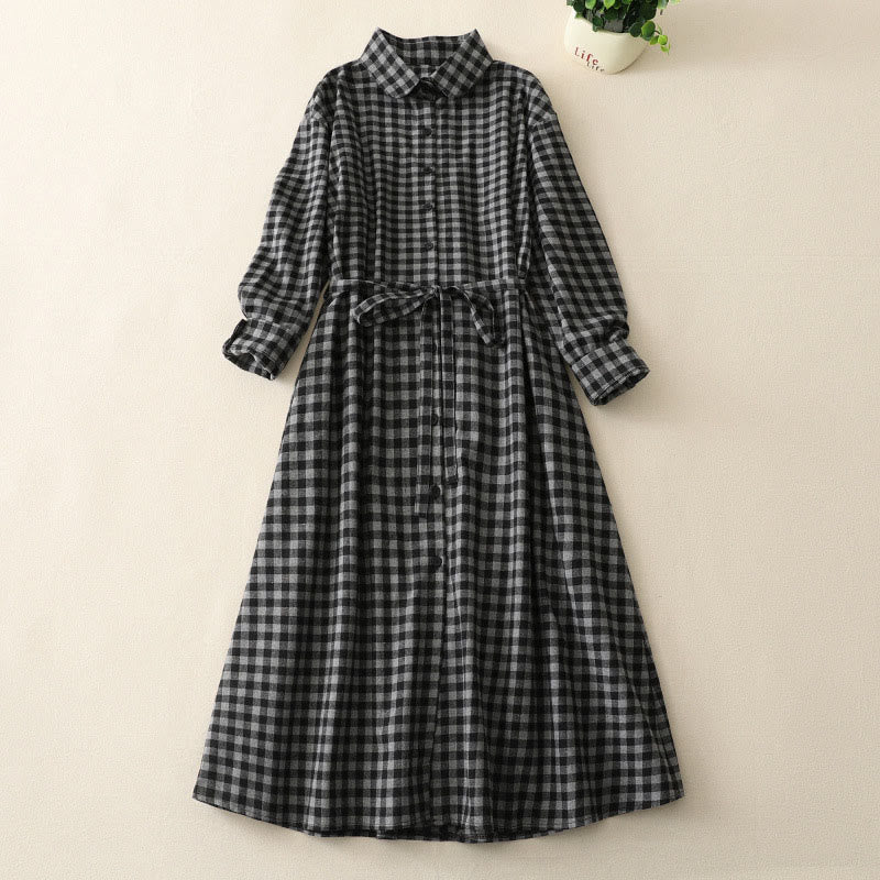 Vestido midi de lino y algodón con solapa a cuadros, manga larga y bolsillos, diseño Buddha Stones negro con cordones - Negro - US8-10，UK/AU12-14，EU40-42 (2XL) - image 1