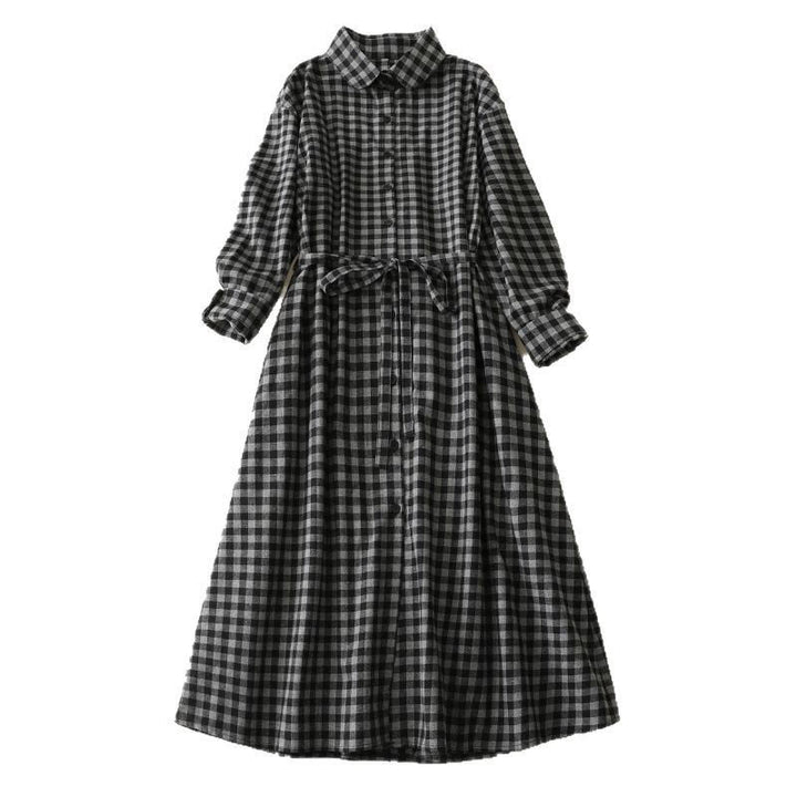 Vestido midi de lino y algodón con solapa a cuadros, manga larga y bolsillos, diseño Buddha Stones negro con cordones - image 11