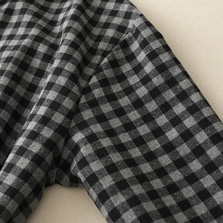 Vestido midi de lino y algodón con solapa a cuadros, manga larga y bolsillos, diseño Buddha Stones negro con cordones - image 8