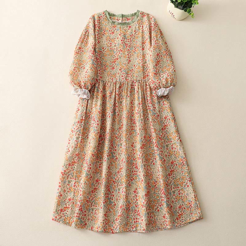 Vestido midi informal de lino y algodón con cuello redondo, mangas largas y bolsillos, con encaje floral y estampado de Buddha Stones - Caqui - US8-10，UK/AU12-14，EU40-42 (2XL) - image 5