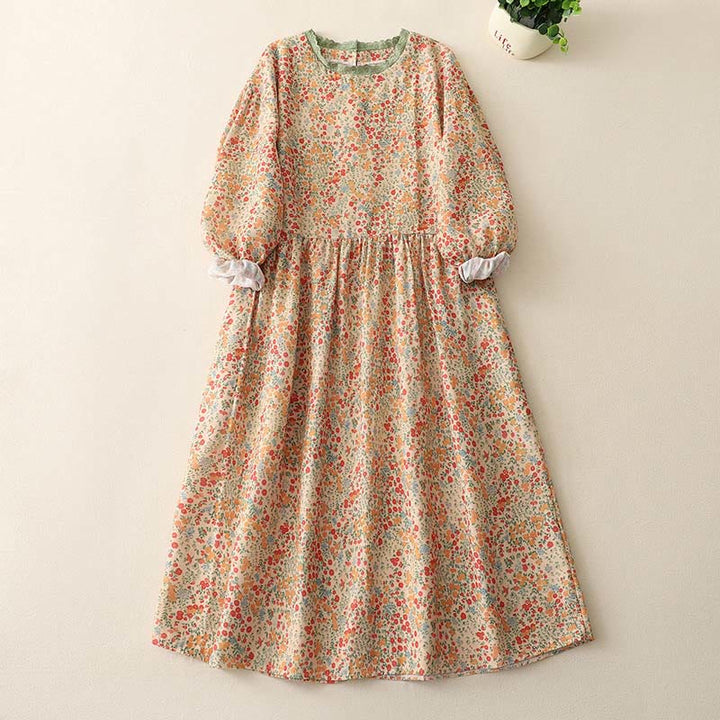 Vestido midi informal de lino y algodón con cuello redondo, mangas largas y bolsillos, con encaje floral y estampado de Buddha Stones - Caqui - US8-10，UK/AU12-14，EU40-42 (2XL) - image 5