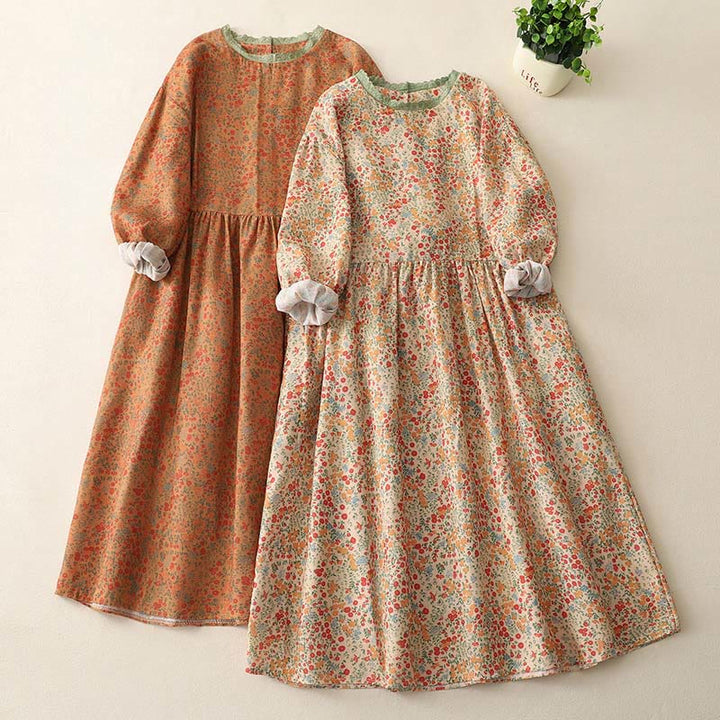 Vestido midi informal de lino y algodón con cuello redondo, mangas largas y bolsillos, con encaje floral y estampado de Buddha Stones - image 14