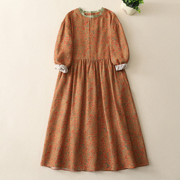 Vestido midi informal de lino y algodón con cuello redondo, mangas largas y bolsillos, con encaje floral y estampado de Buddha Stones - Naranja oscuro - US8-10，UK/AU12-14，EU40-42 (2XL) - image 1