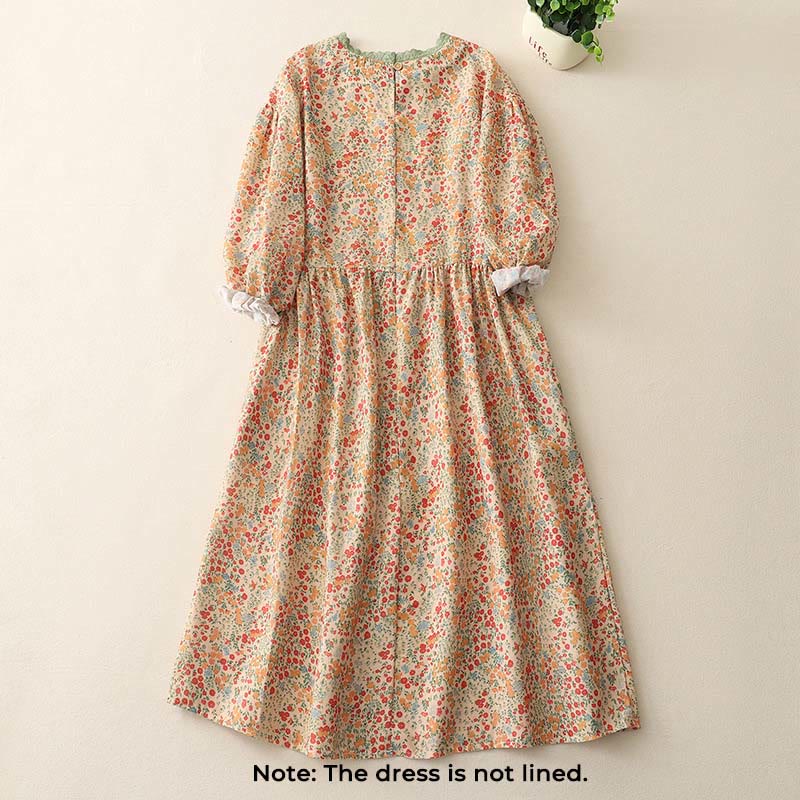 Vestido midi informal de lino y algodón con cuello redondo, mangas largas y bolsillos, con encaje floral y estampado de Buddha Stones - image 6