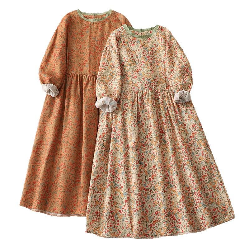 Vestido midi informal de lino y algodón con cuello redondo, mangas largas y bolsillos, con encaje floral y estampado de Buddha Stones - image 15