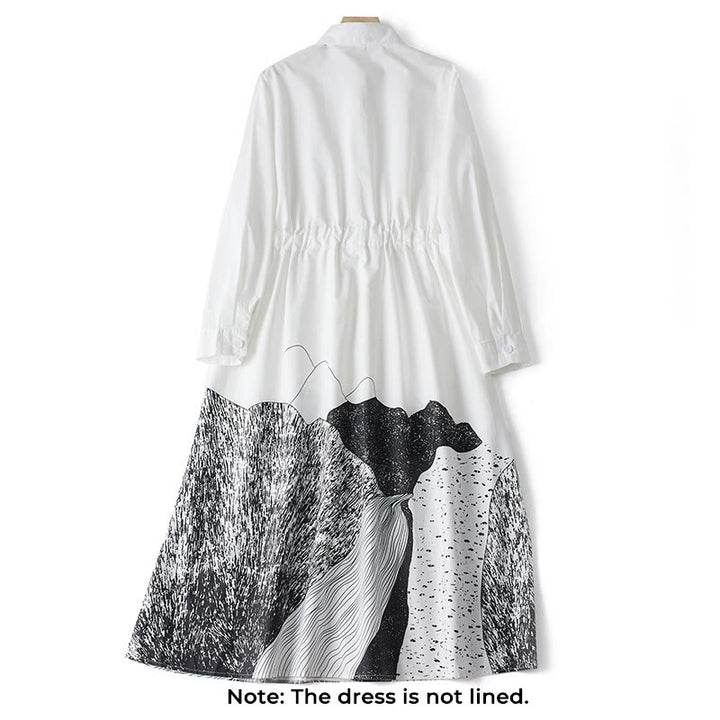 Vestido midi de algodón con solapa, manga larga, cordones y bolsillos, estampado de líneas irregulares y Buddha Stones - image 10