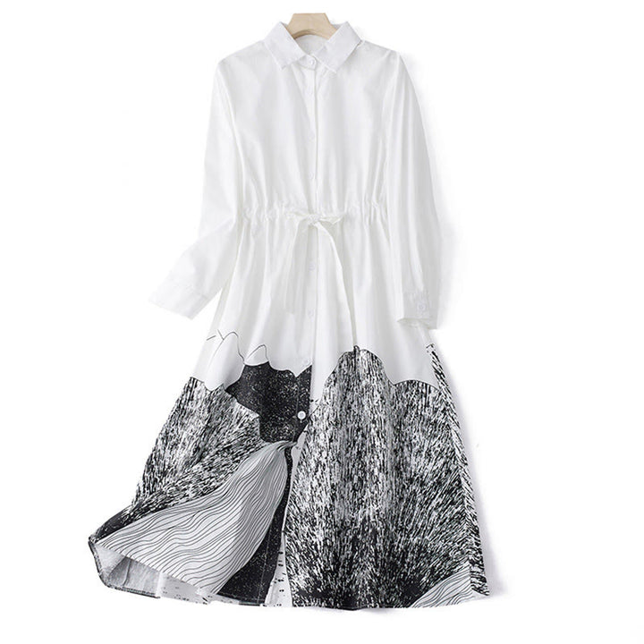 Vestido midi de algodón con solapa, manga larga, cordones y bolsillos, estampado de líneas irregulares y Buddha Stones - Blanco - US8-10，UK/AU12-14，EU40-42 (2XL) - image 9