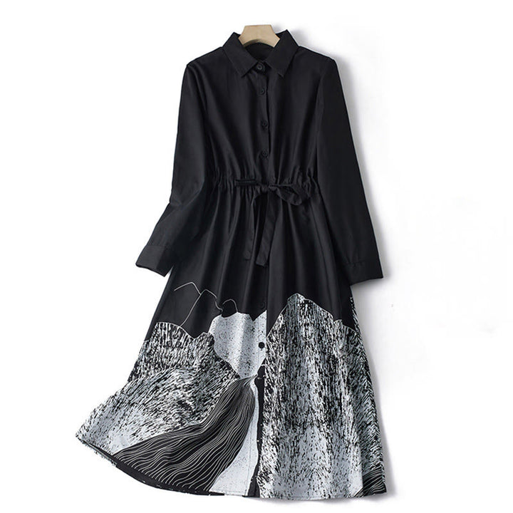 Vestido midi de algodón con solapa, manga larga, cordones y bolsillos, estampado de líneas irregulares y Buddha Stones - Negro - US8-10，UK/AU12-14，EU40-42 (2XL) - image 0