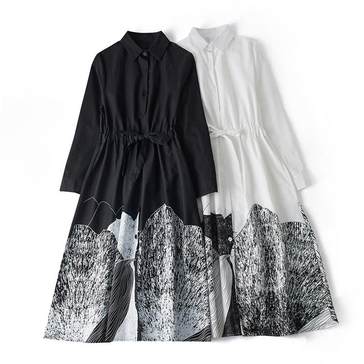 Vestido midi de algodón con solapa, manga larga, cordones y bolsillos, estampado de líneas irregulares y Buddha Stones - image 15