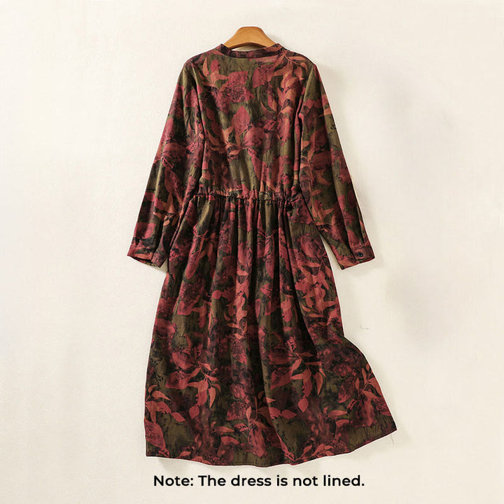Vestido midi de lino y algodón con estampado de Buddha Stones, cordón ajustable, botones de rana y manga larga con bolsillos - image 10