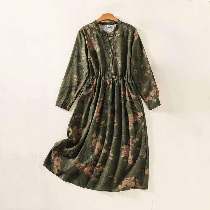 Vestido midi de lino y algodón con estampado de Buddha Stones, cordón ajustable, botones de rana y manga larga con bolsillos - Verde oliva oscuro - US8-10，UK/AU12-14，EU40-42 (2XL) - image 1