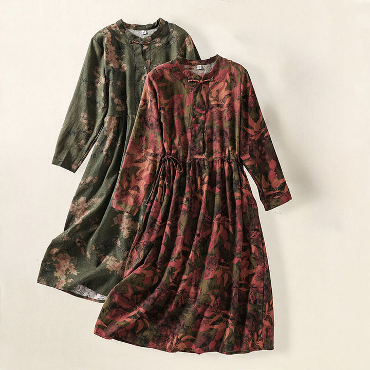 Vestido midi de lino y algodón con estampado de Buddha Stones, cordón ajustable, botones de rana y manga larga con bolsillos - image 20