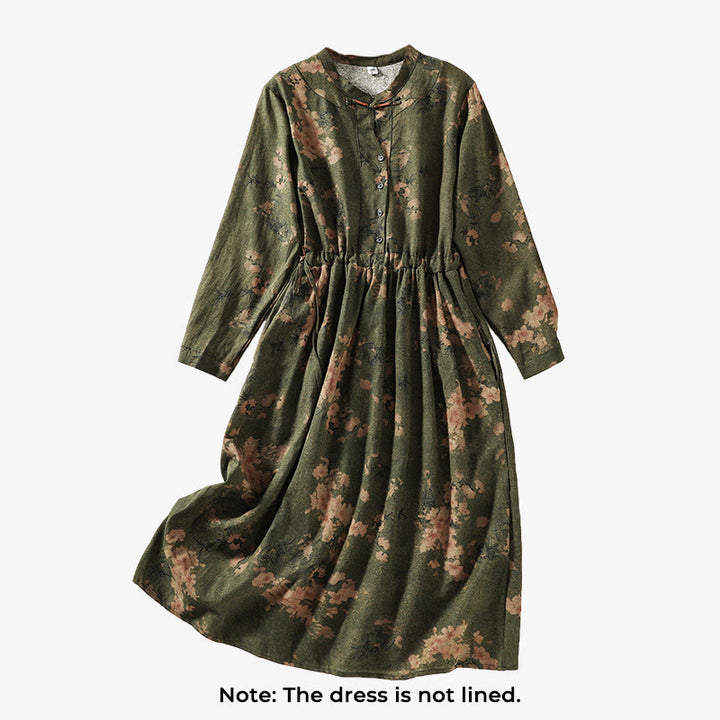 Vestido midi de lino y algodón con estampado de Buddha Stones, cordón ajustable, botones de rana y manga larga con bolsillos - image 2