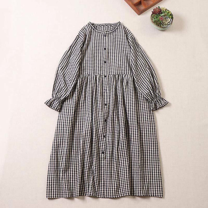 Vestido midi de manga larga con volantes, botones sencillos y bolsillos de Buddha Stones - Cuadros blancos y negros - US8-10，UK/AU12-14，EU40-42 (2XL) - image 6