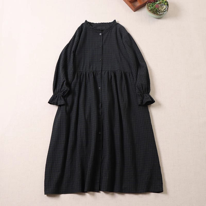 Vestido midi de lino y algodón con bolsillos, diseño de cuadros con botones sencillos, volantes y manga larga de Buddha Stones - Cuadros blancos y negros - US8-10，UK/AU12-14，EU40-42 (2XL) - image 1