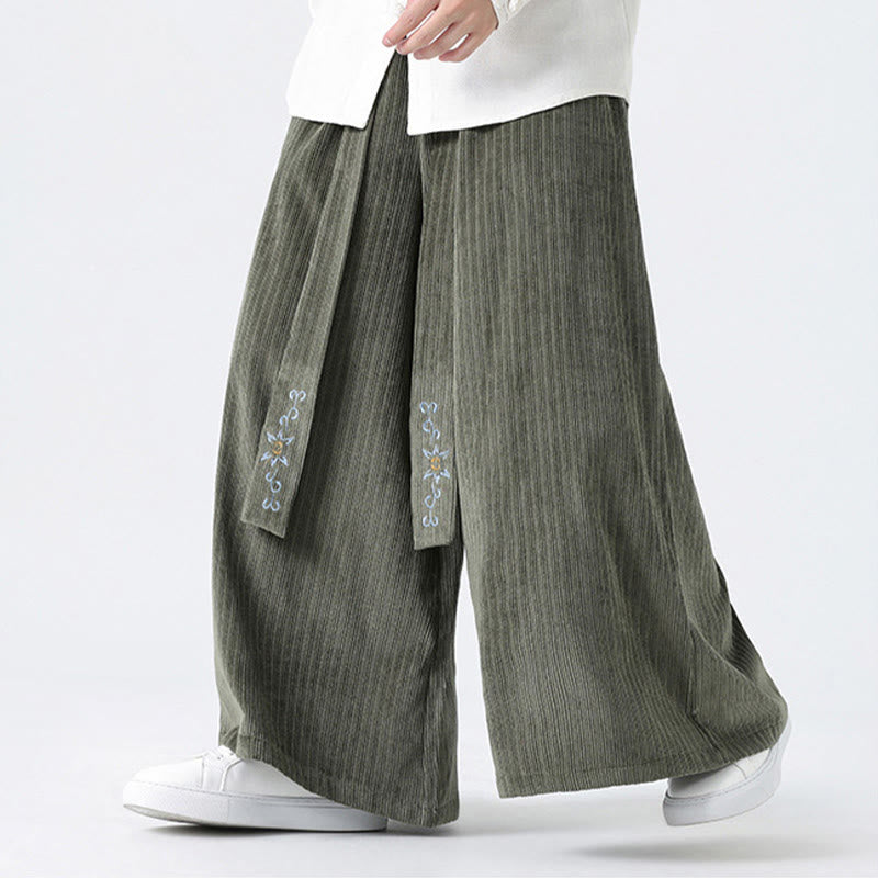 Pantalones anchos de pana con bordado informal de Buddha Stones y cordón ajustable para hombre con bolsillos - image 3