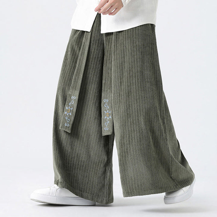 Pantalones anchos de pana con bordado informal de Buddha Stones y cordón ajustable para hombre con bolsillos - image 3