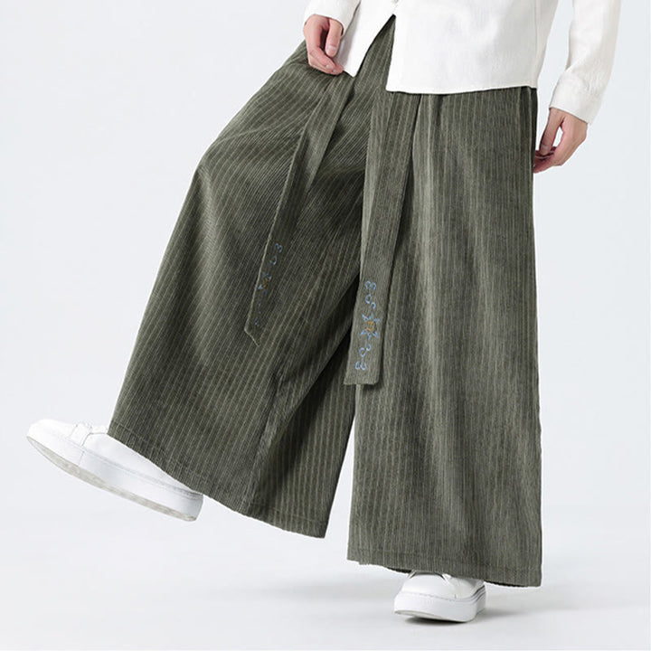 Pantalones anchos de pana con bordado informal de Buddha Stones y cordón ajustable para hombre con bolsillos - image 9