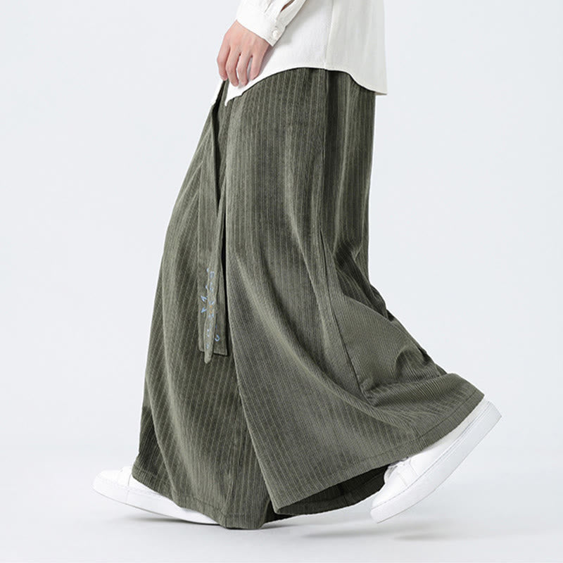 Pantalones anchos de pana con bordado informal de Buddha Stones y cordón ajustable para hombre con bolsillos - image 1