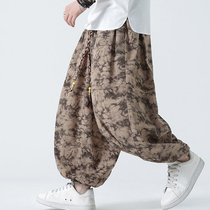 Pantalones harén para hombre con diseño retro informal de Buddha Stones, con cordón y estampado floral, y bolsillos - image 1