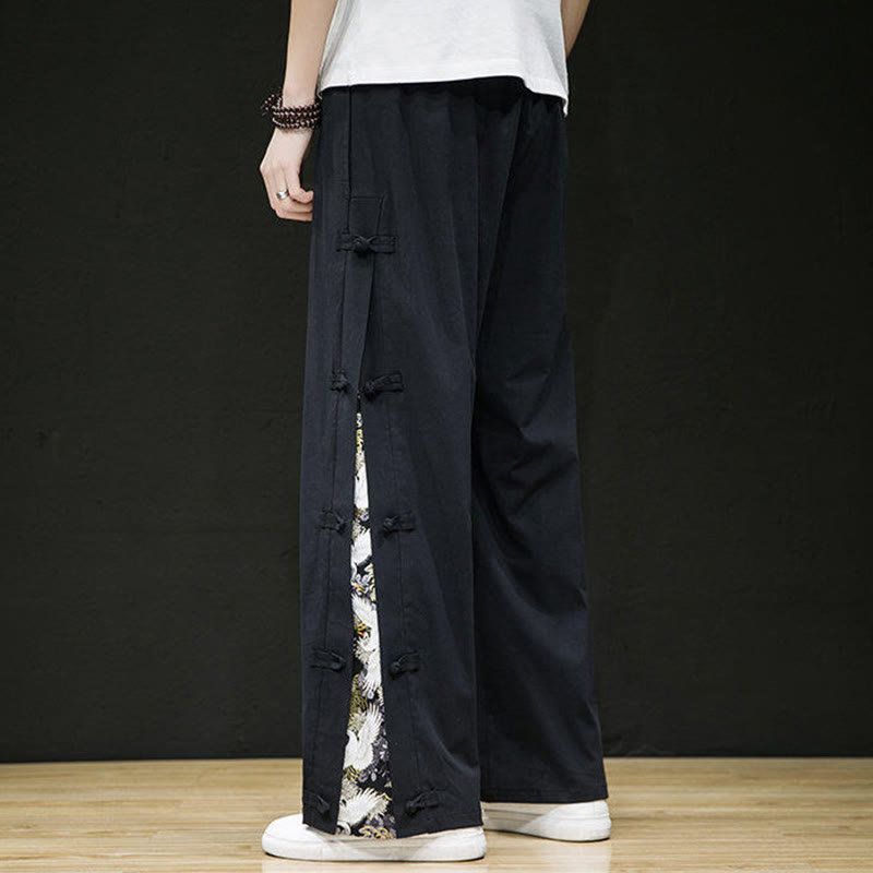 Pantalones anchos para hombre con bolsillos y diseño de grullas y botones de rana con estampado de Buddha Stones - image 2